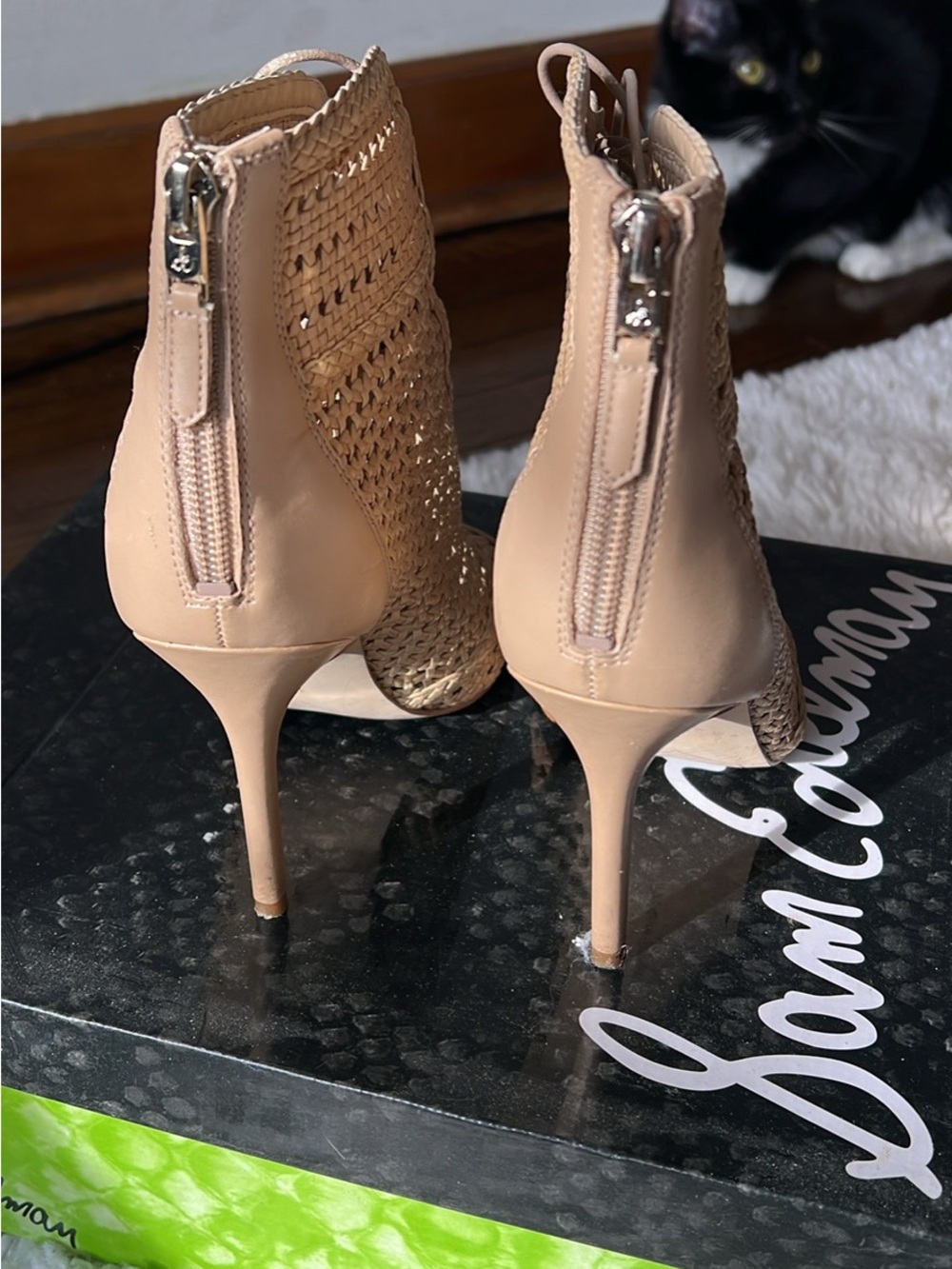 Sam Edelman Beige Woven Peep-Toe Ankle Booties